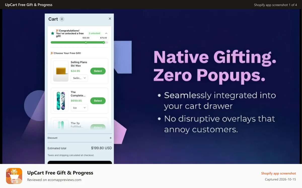 UpCart Free Gift & Progress Shopify app screenshot: Native free gift cart