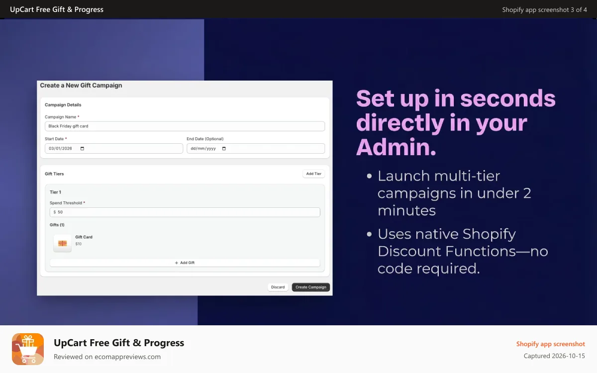 UpCart Free Gift & Progress Shopify app screenshot: Setup in seconds