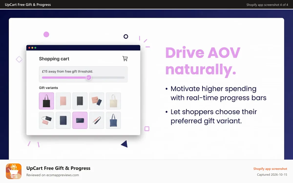UpCart Free Gift & Progress Shopify app screenshot: Drive AOV natuarlly