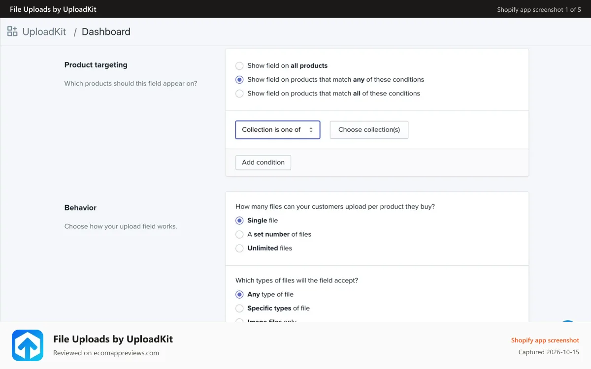 File Uploads by UploadKit Shopify app screenshot: Part of the admin interface showing some of the options