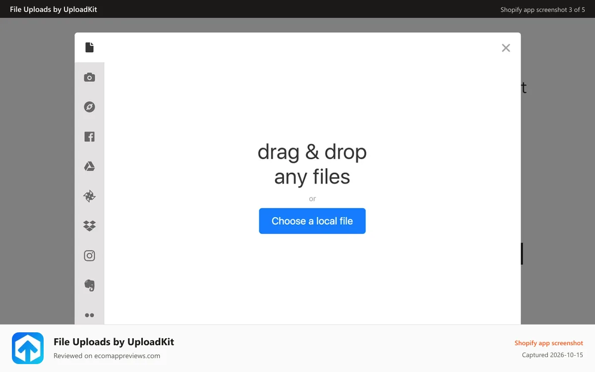 File Uploads by UploadKit Shopify app screenshot: Different ways to upload or import files