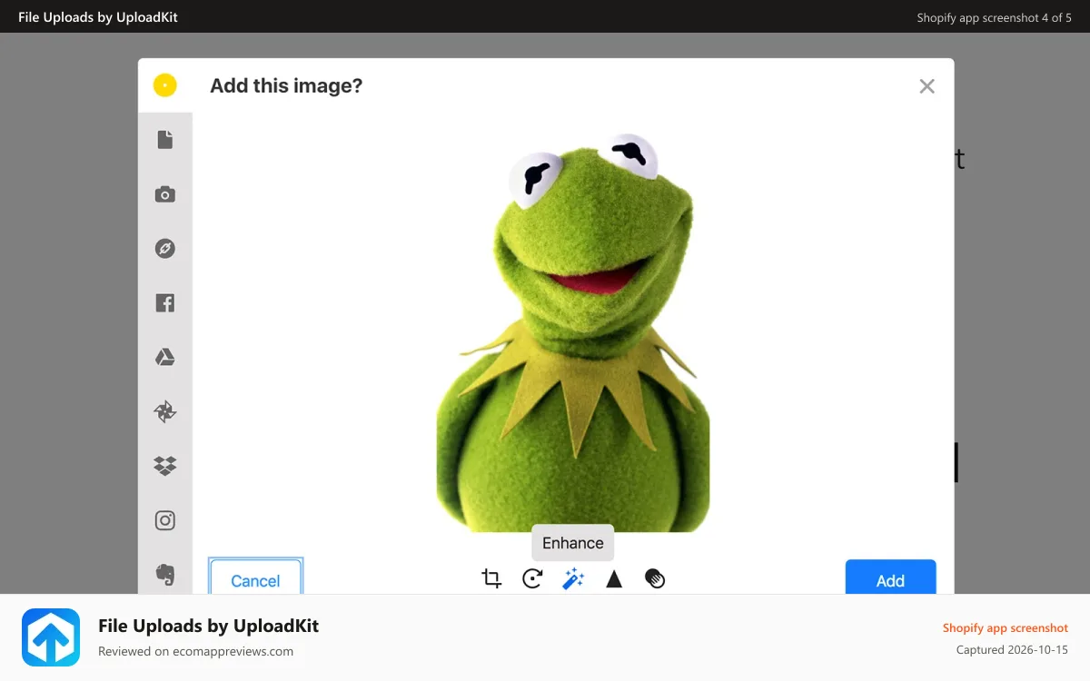File Uploads by UploadKit Shopify app screenshot: Customers can enhance, sharpen and crop their images