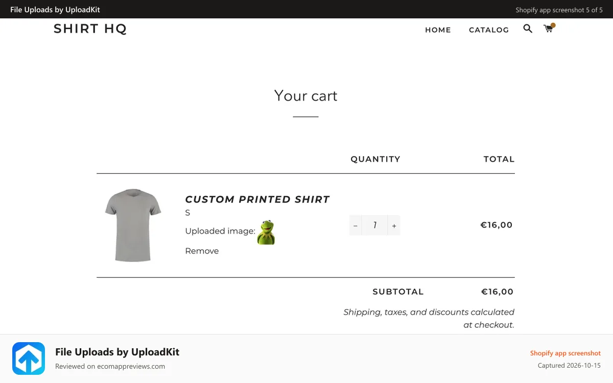 File Uploads by UploadKit Shopify app screenshot: Images are shown in the cart