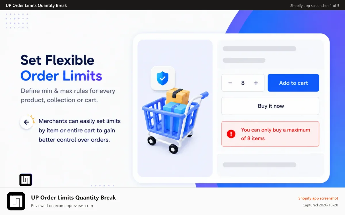 UP Order Limits Quantity Break Shopify app screenshot: Set flexible order limits