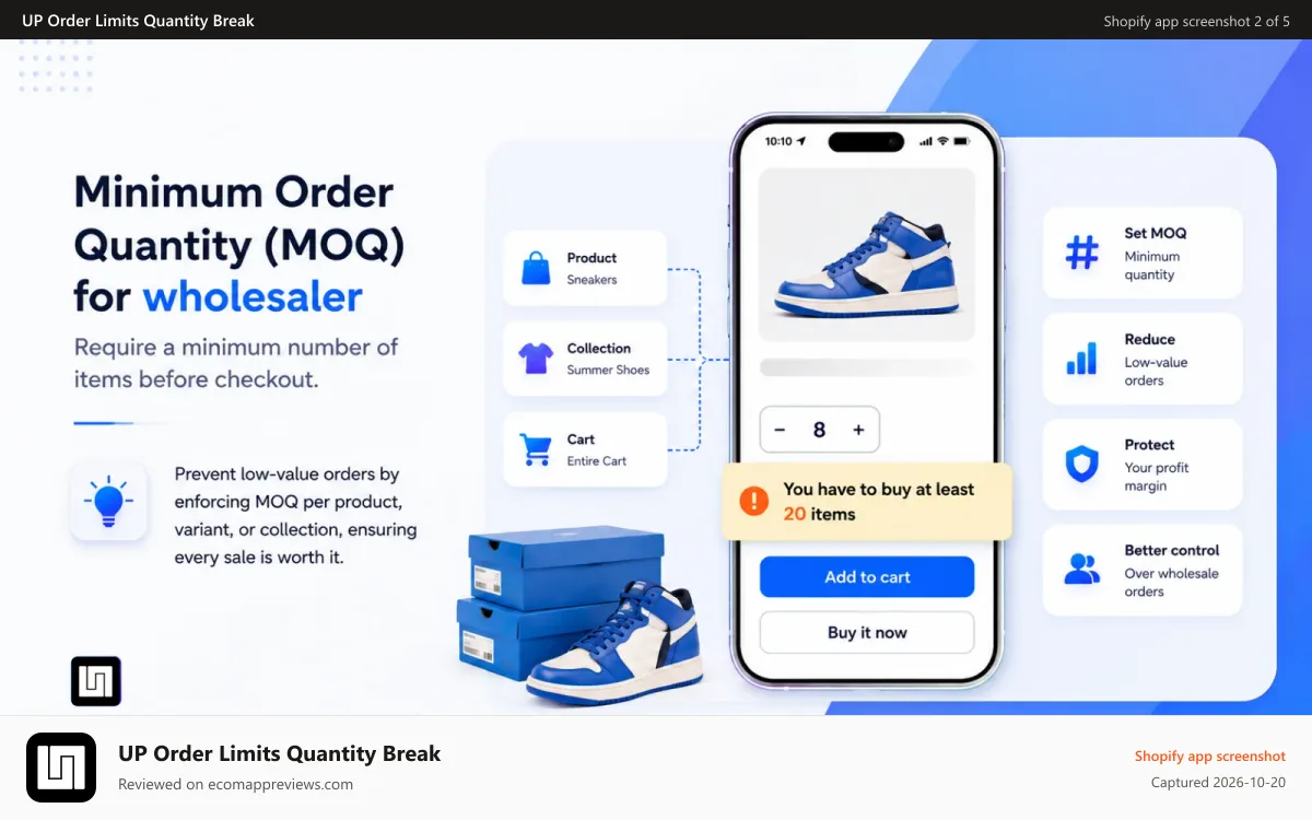 UP Order Limits Quantity Break Shopify app screenshot: Minimum order quantity (MOQ) for wholesaler