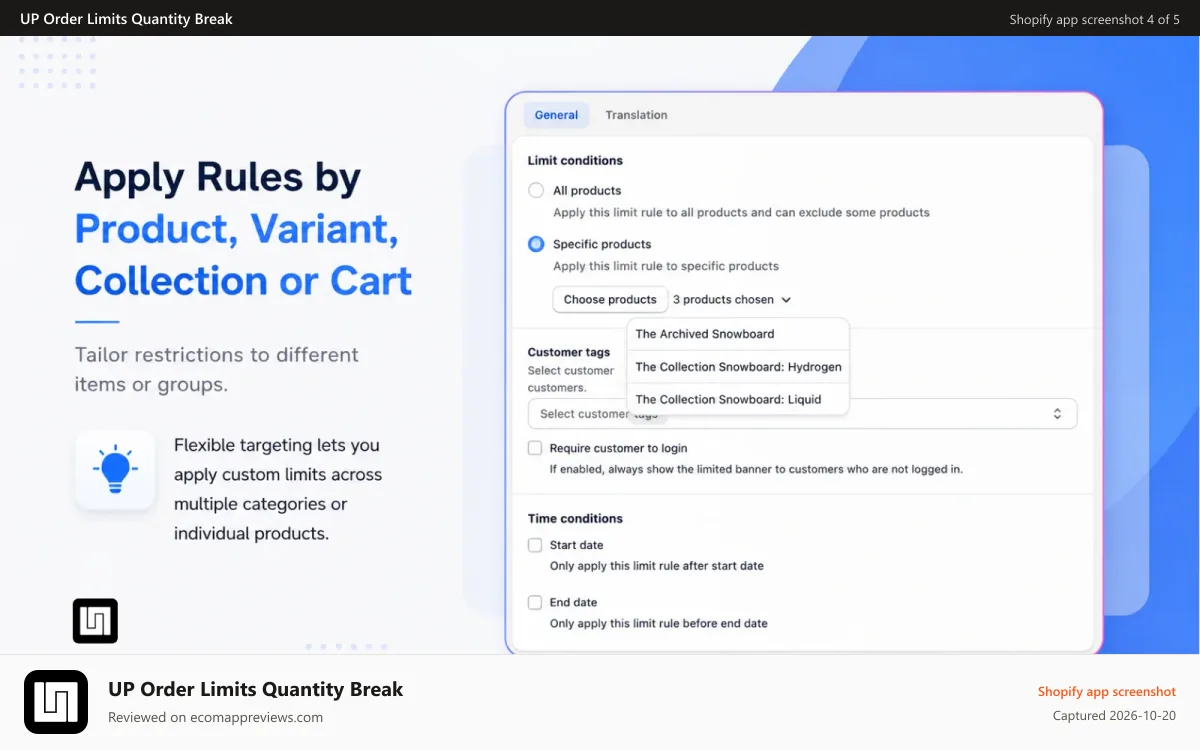 UP Order Limits Quantity Break Shopify app screenshot: Apply rules by product, variant, collection or cart