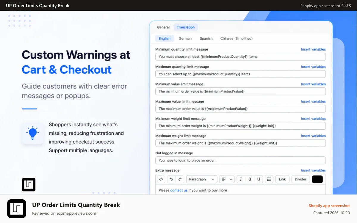 UP Order Limits Quantity Break Shopify app screenshot: custom warnings at cart & checkout