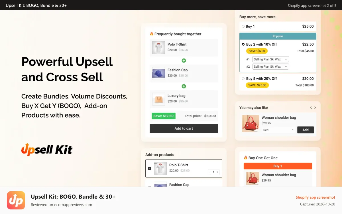 Upsell Kit: BOGO, Bundle & 30+ Shopify app screenshot: Upsell App, Bogo, Bundles, Free Shipping, Discount