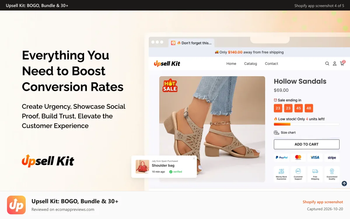 Upsell Kit: BOGO, Bundle & 30+ Shopify app screenshot: Upsell App, Sticky add to cart, trust badges, payment logos