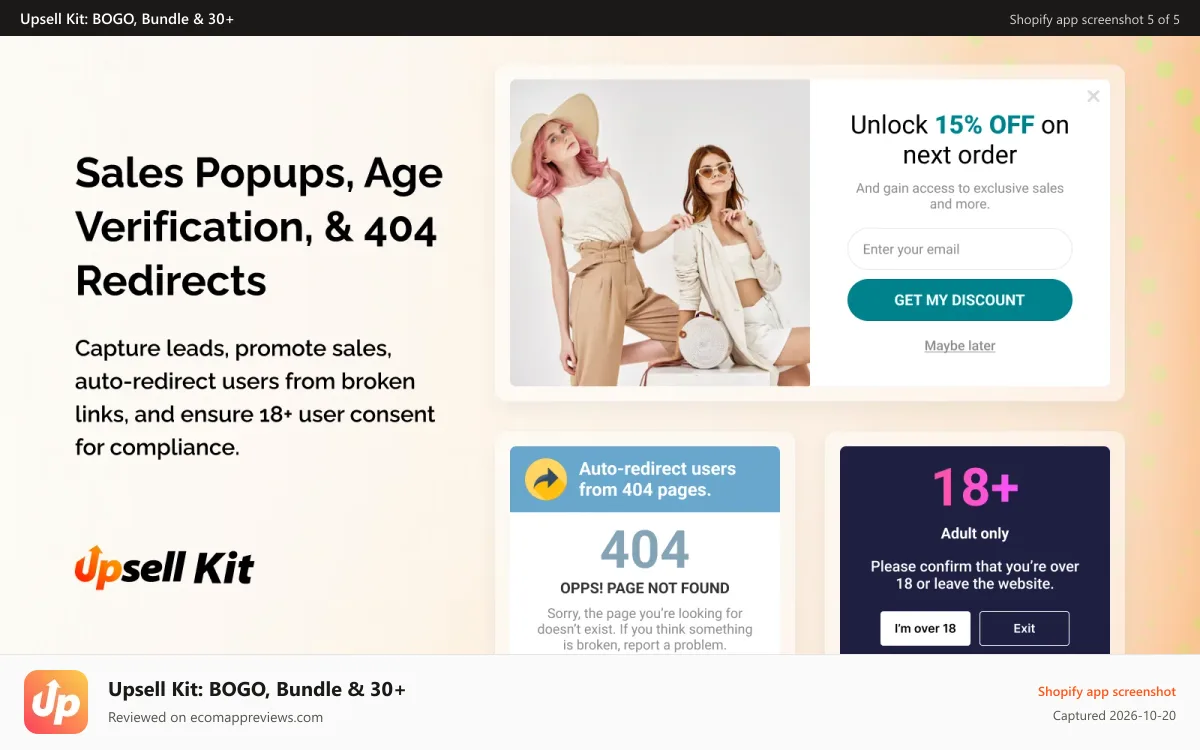 Upsell Kit: BOGO, Bundle & 30+ Shopify app screenshot: Upsell App, Sales Popups, Age verifications, 404 redirects