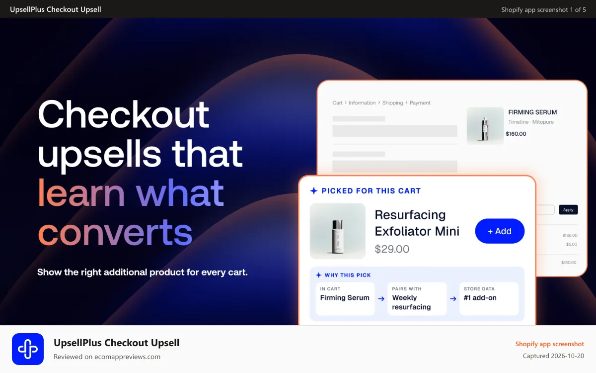 UpsellPlus Checkout Upsell Shopify app screenshot: Checkout upsell offer targeted by cart contents