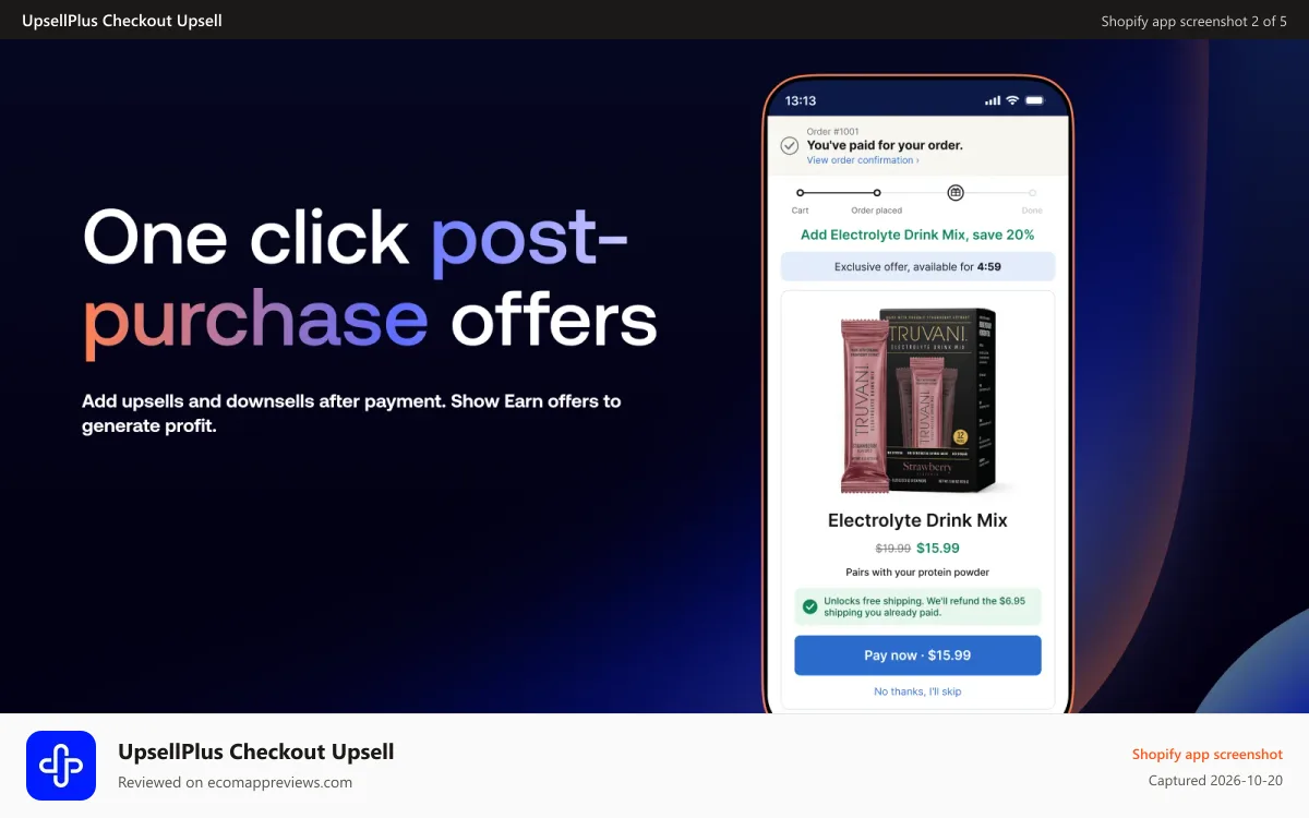 UpsellPlus Checkout Upsell Shopify app screenshot: One click post purchase upsell and downsell offer