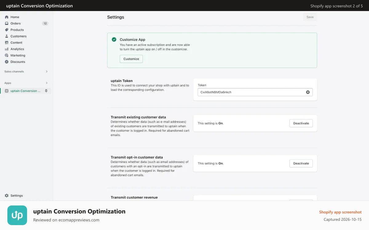 uptain Conversion Optimization Shopify app screenshot: app settings 2