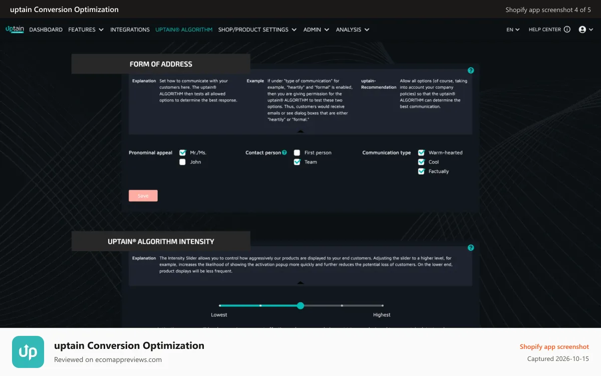 uptain Conversion Optimization Shopify app screenshot: uptain algorithm settings
