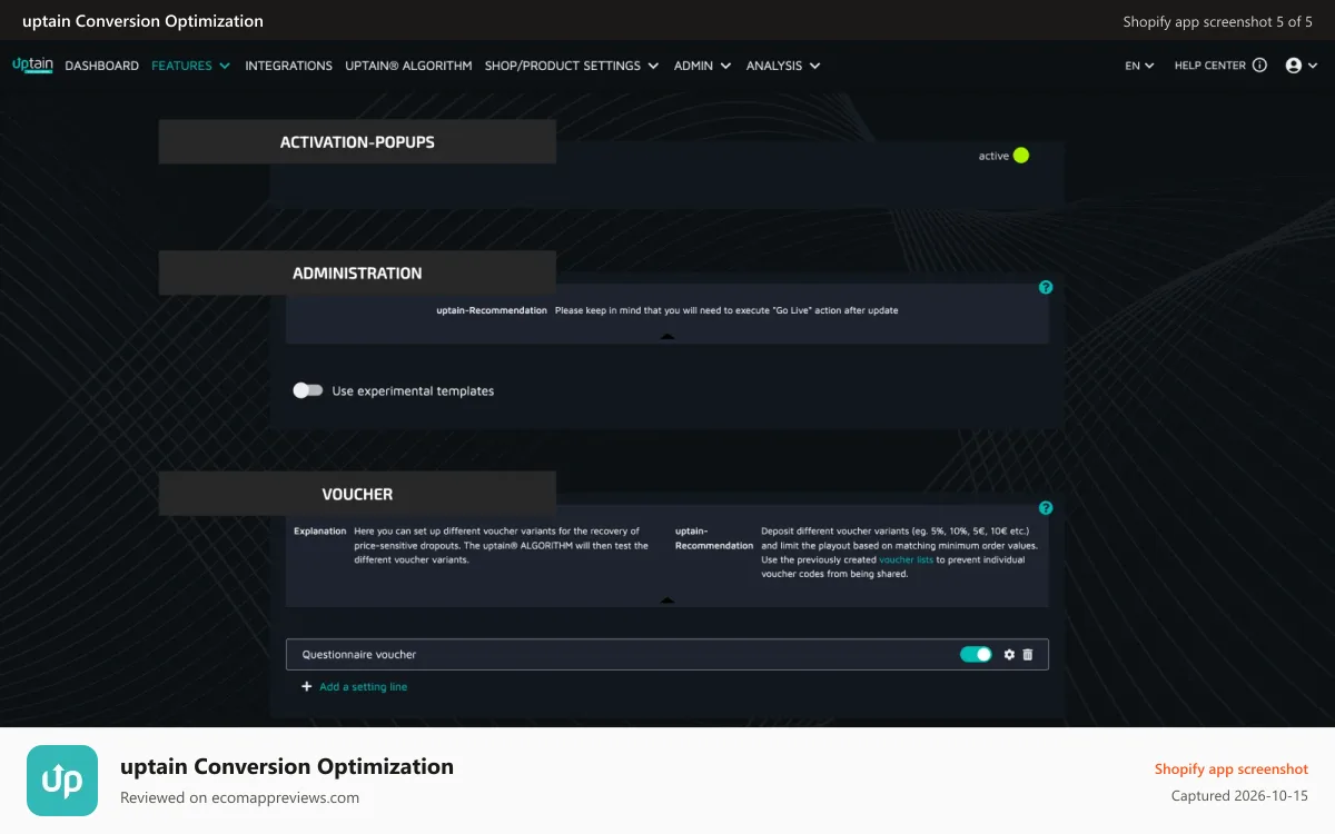 uptain Conversion Optimization Shopify app screenshot: uptain activation popups