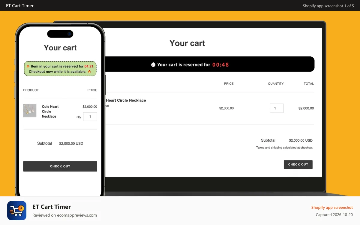 ET Cart Timer Shopify app screenshot: Cart timer message creates urgency among customers to purchase