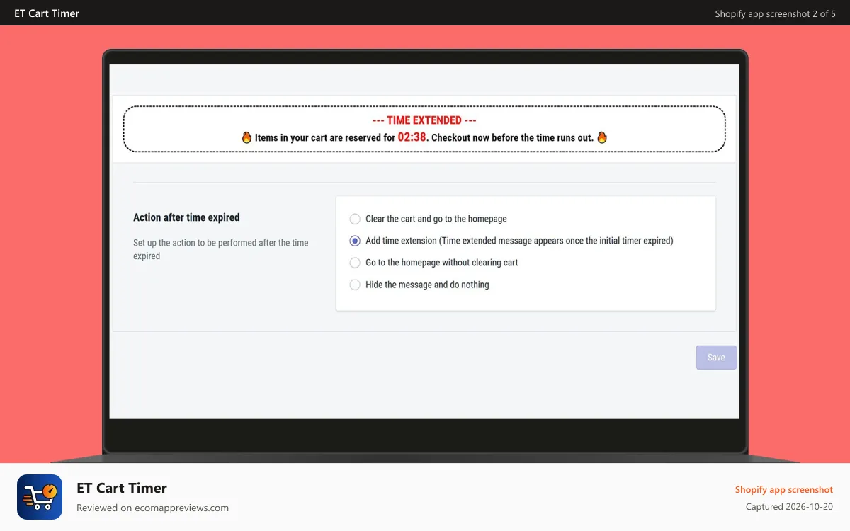 ET Cart Timer Shopify app screenshot: Actions to select upon Countdown Timer Expiration Stopwatch