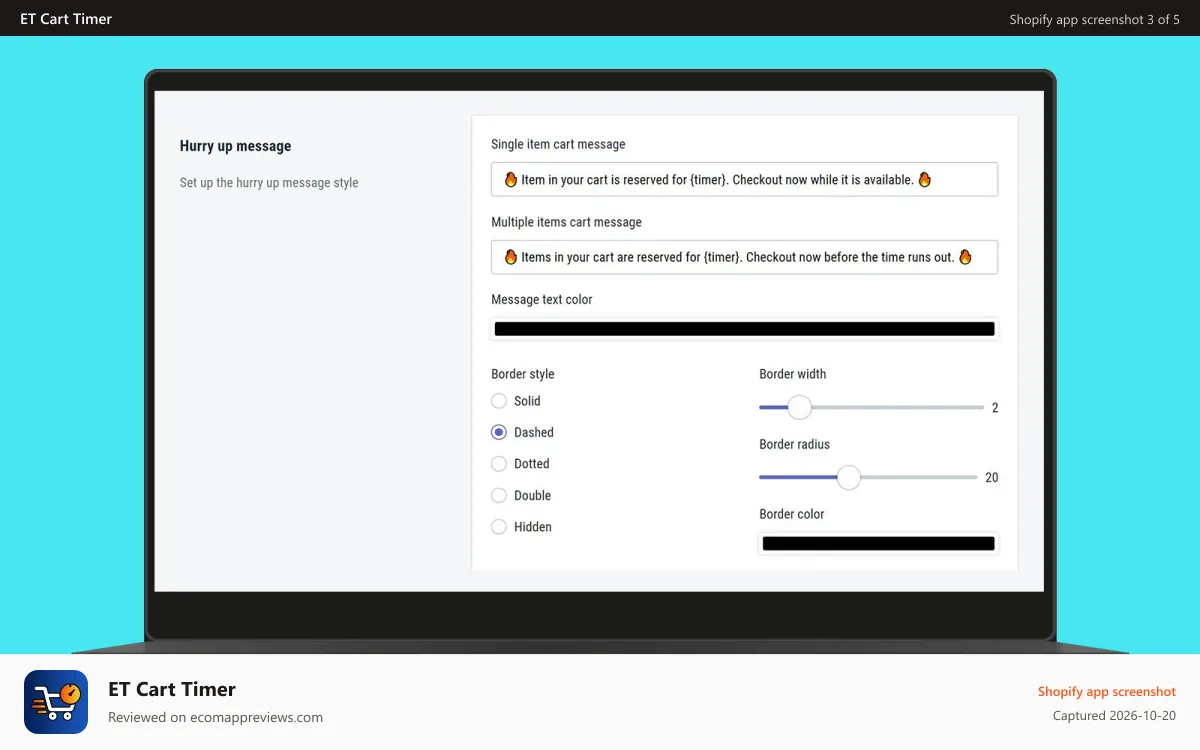 ET Cart Timer Shopify app screenshot: Customizable Message for Single item and Multiple Items Carts