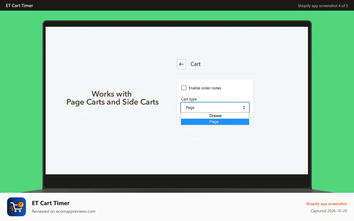 ET Cart Timer Shopify app screenshot: Cart Countdown Timer works with Cart Pages and Side Carts