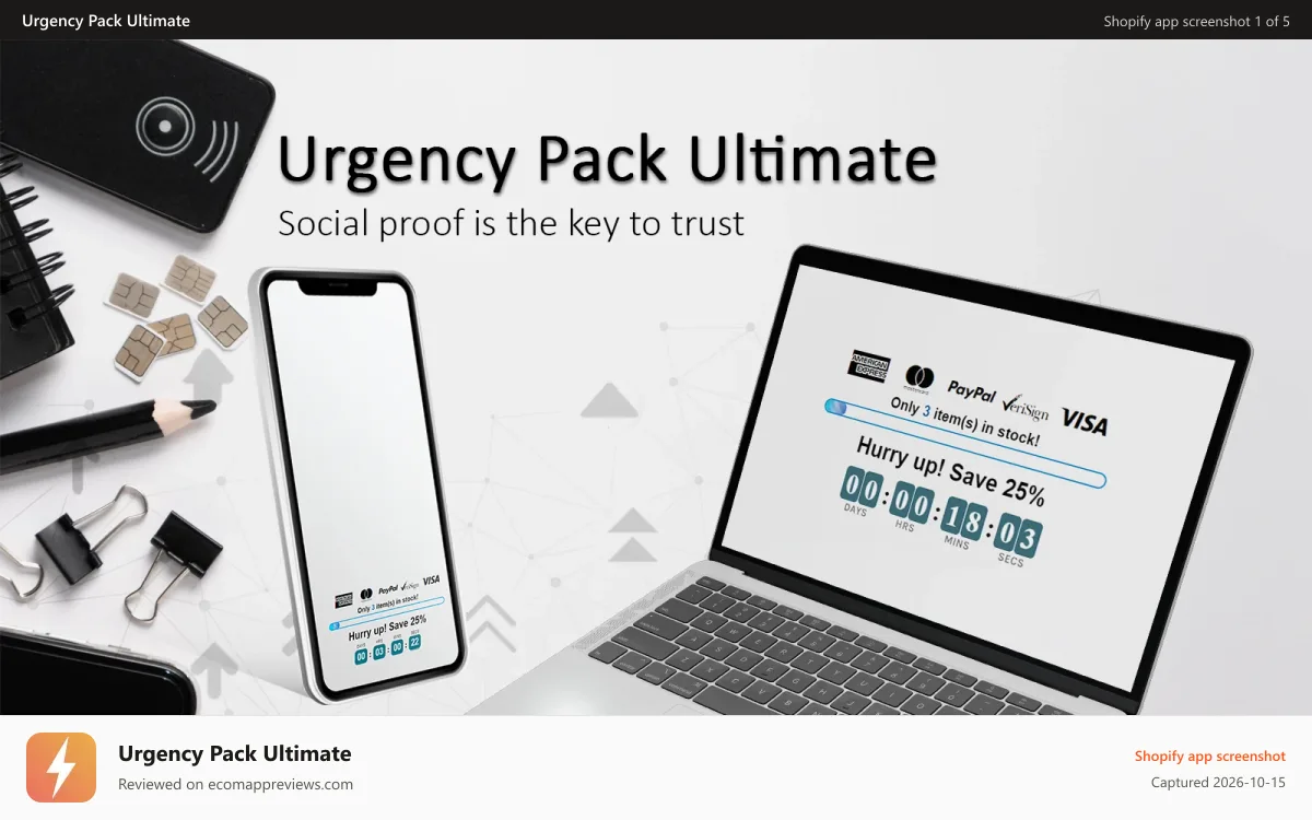 Urgency Pack Ultimate Shopify app screenshot: urgency pack ultimate social proof all in one app cover image