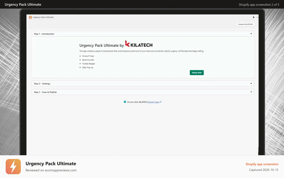 Urgency Pack Ultimate Shopify app screenshot: main screen of urgency app