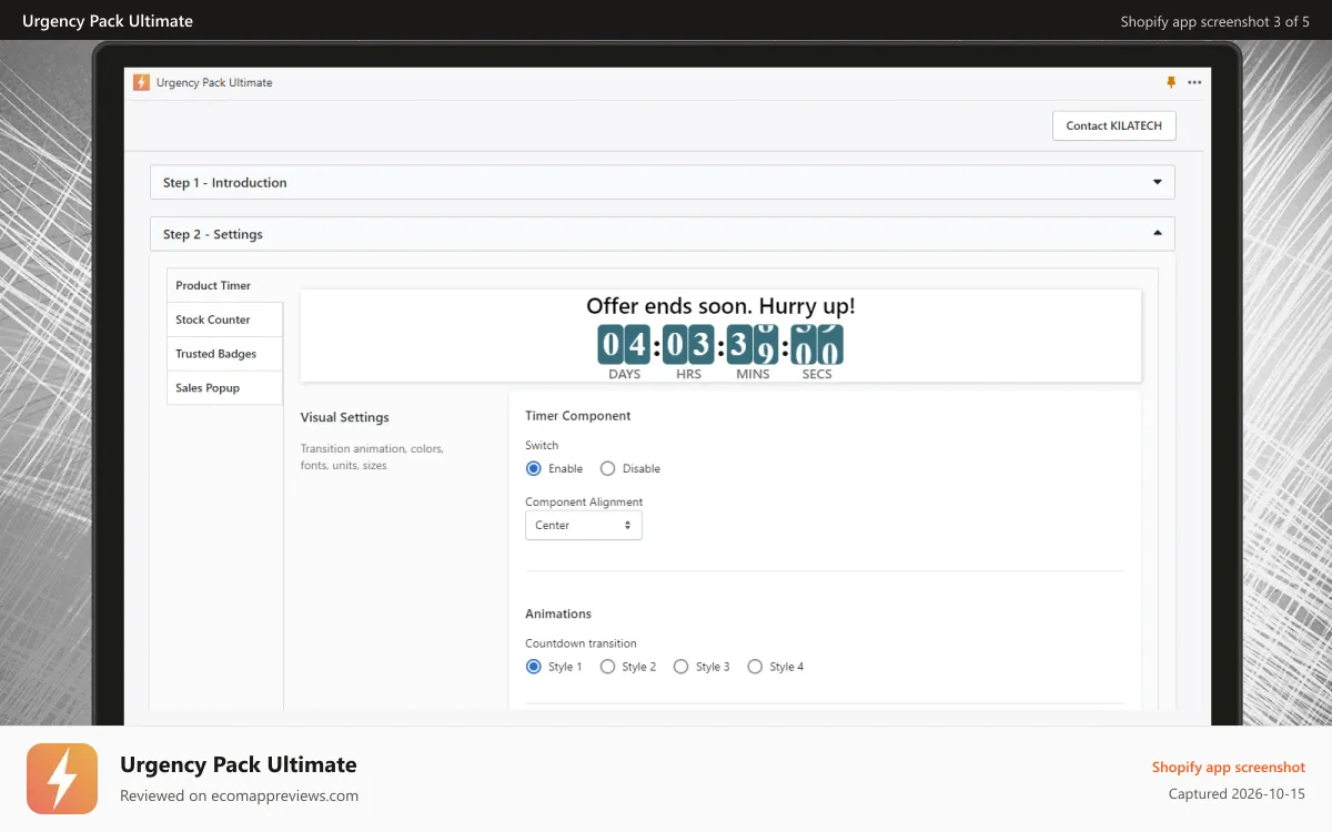 Urgency Pack Ultimate Shopify app screenshot: countdown timer for high conversion by urgency, social proof