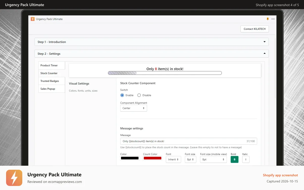 Urgency Pack Ultimate Shopify app screenshot: stock counter inventory counter for conversion by scarcity