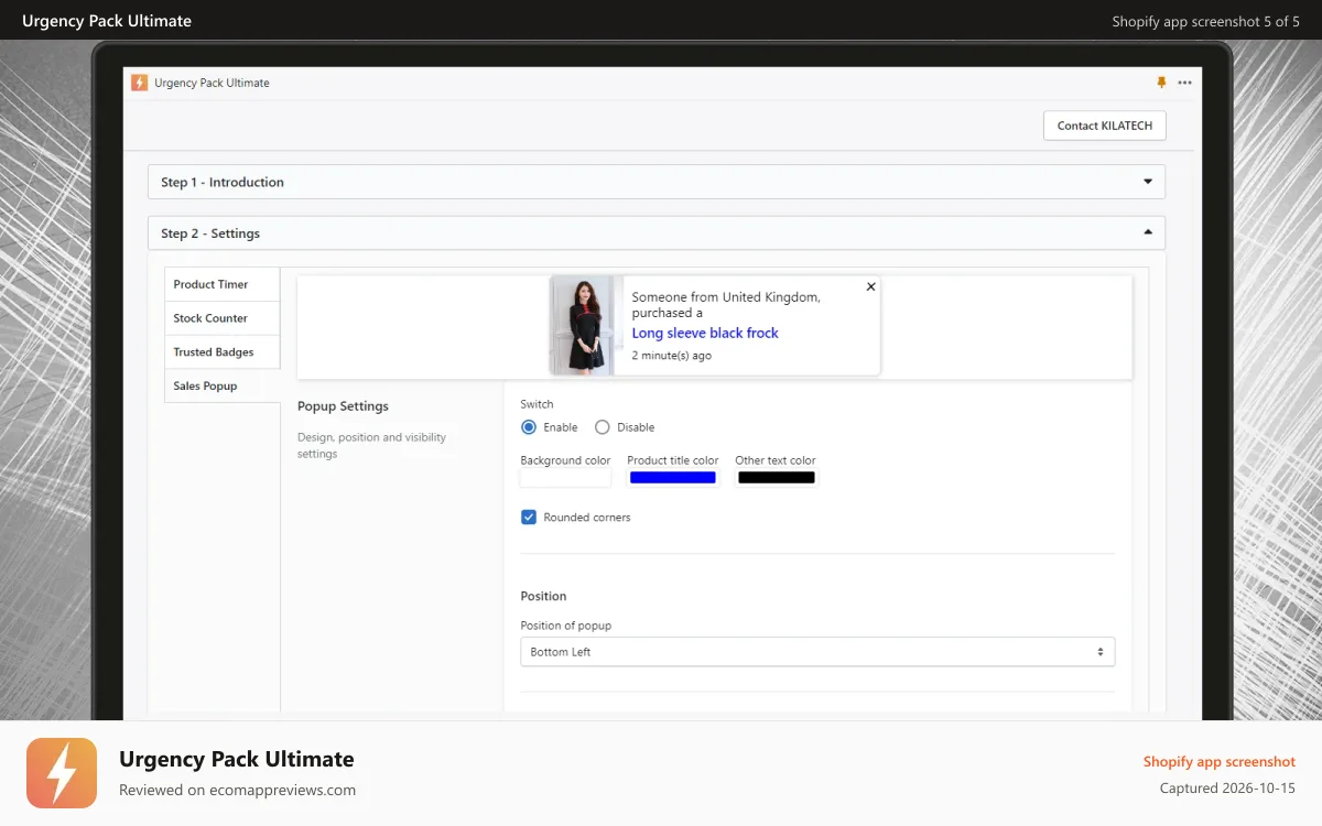 Urgency Pack Ultimate Shopify app screenshot: sales pop up for instant social proof and credibility