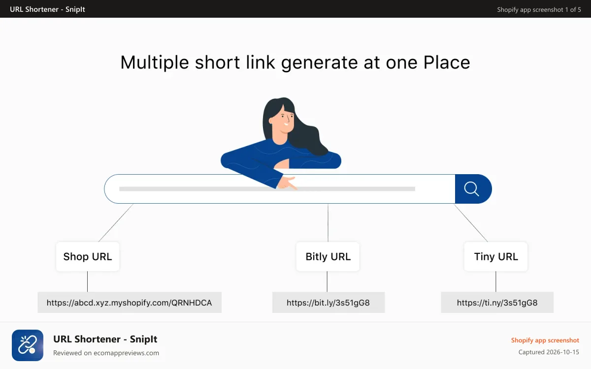 URL Shortener ‑ SnipIt Shopify app screenshot: URL Short Link Generator, Long URL into Short URL