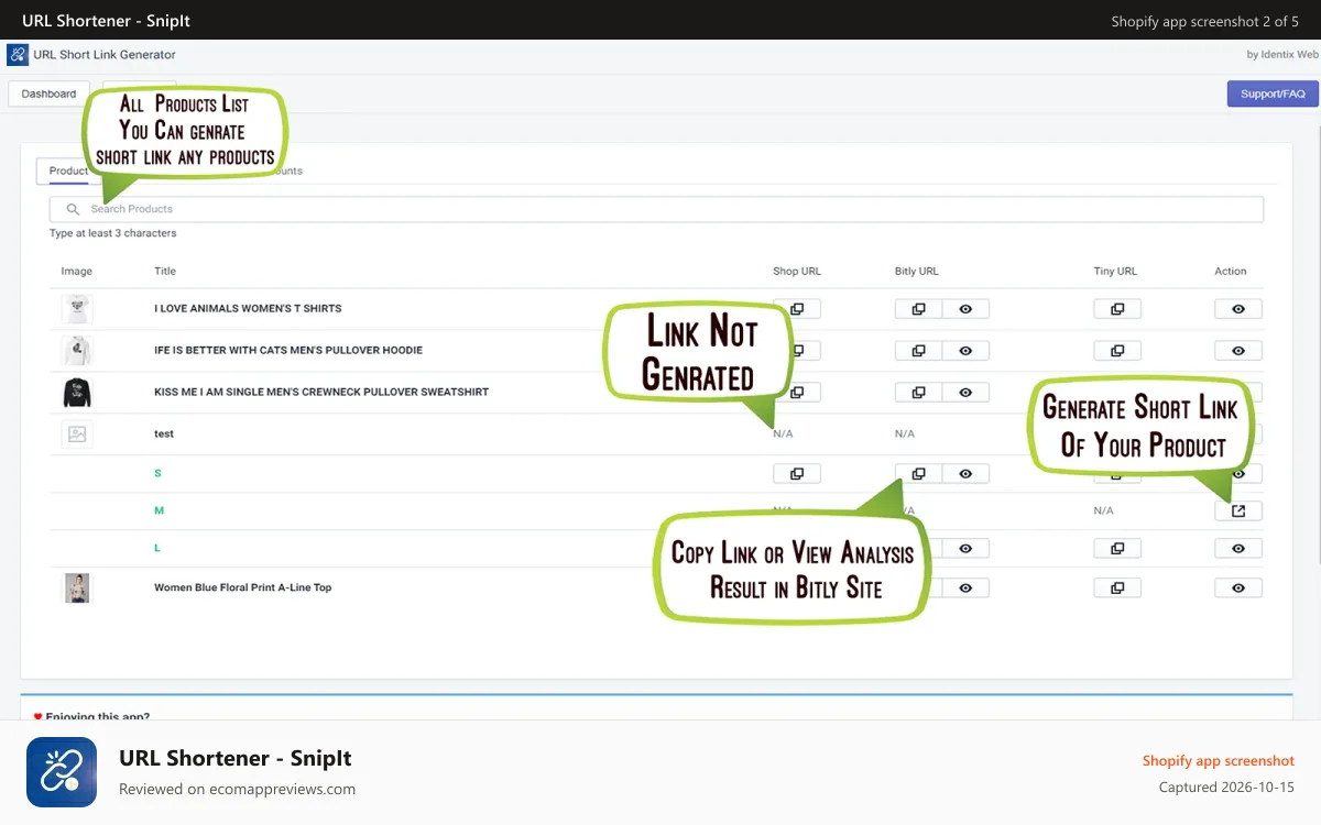 URL Shortener ‑ SnipIt Shopify app screenshot: Keep multiple short link at one place to manage easily