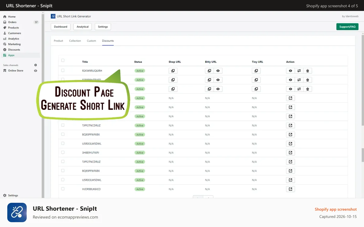URL Shortener ‑ SnipIt Shopify app screenshot: Create short url for discount page