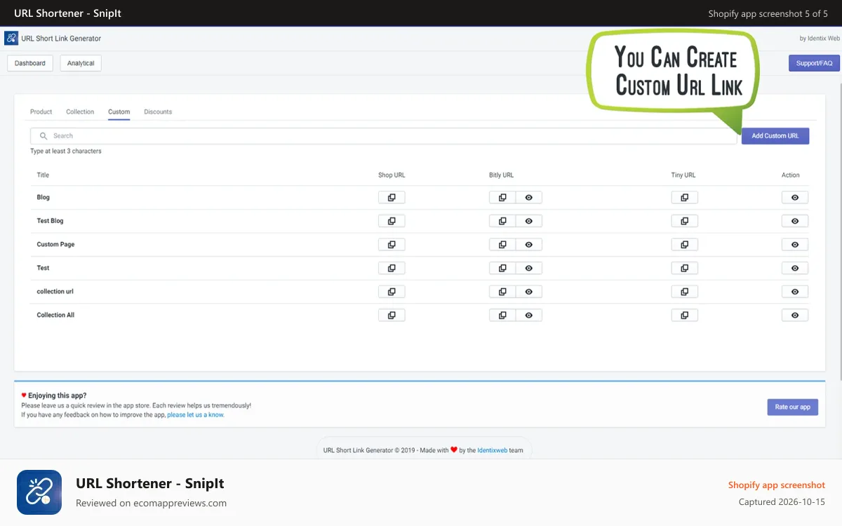 URL Shortener ‑ SnipIt Shopify app screenshot: Create custom url and share them with your customers