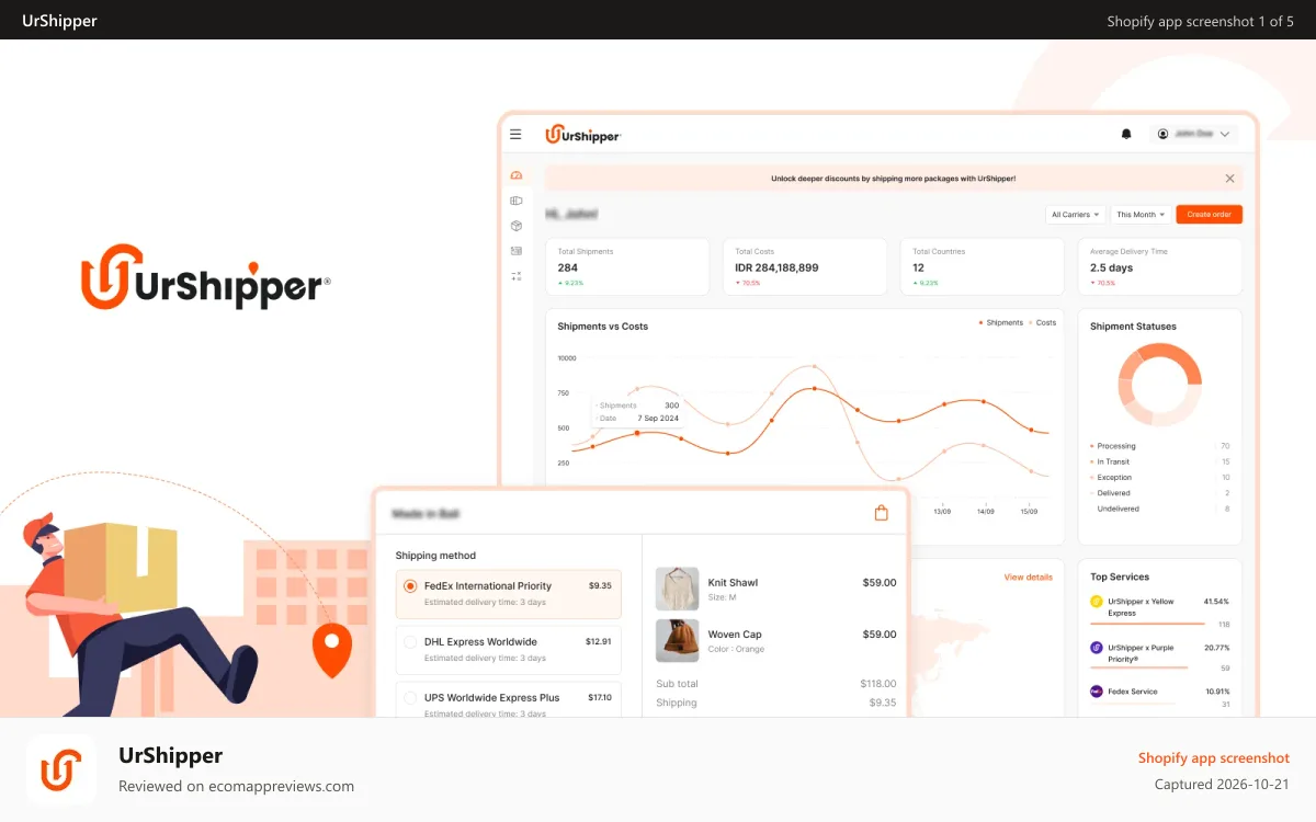UrShipper Shopify app screenshot: UrShipper: Bali's 1st Multi-carrier International Shipping.