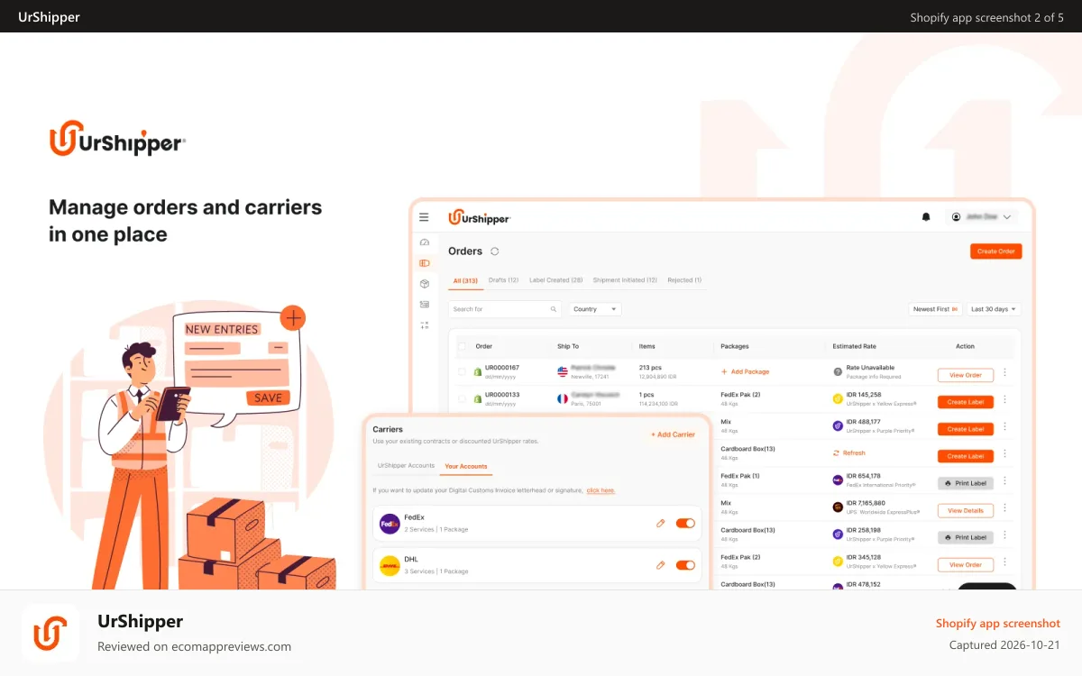 UrShipper Shopify app screenshot: Manage orders and carriers in one place