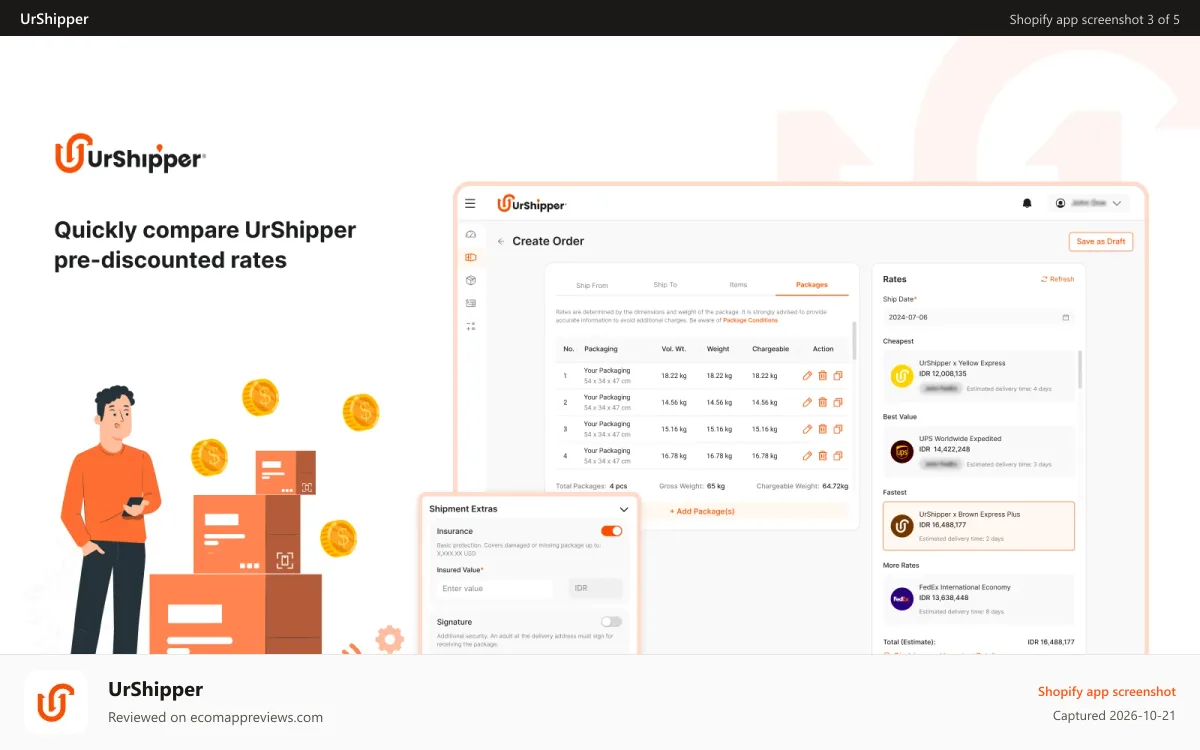 UrShipper Shopify app screenshot: Quickly compare UrShipper pre-negotiated rates