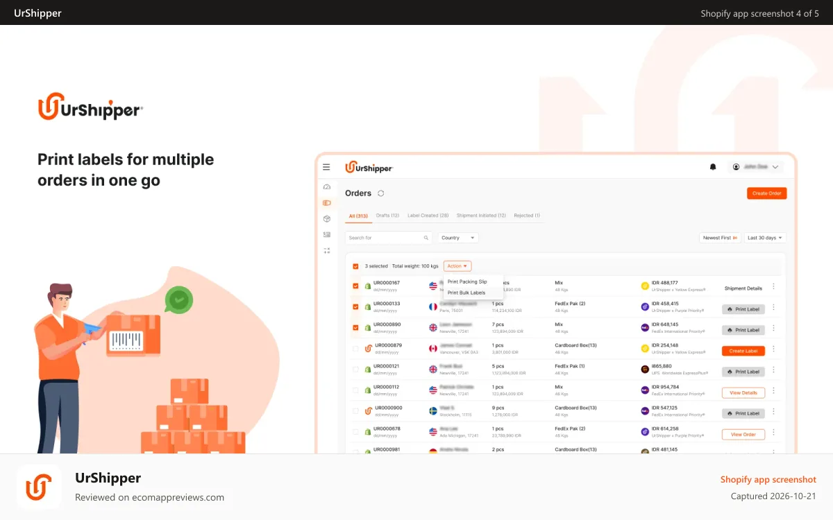 UrShipper Shopify app screenshot: Print labels for multiple orders in one go