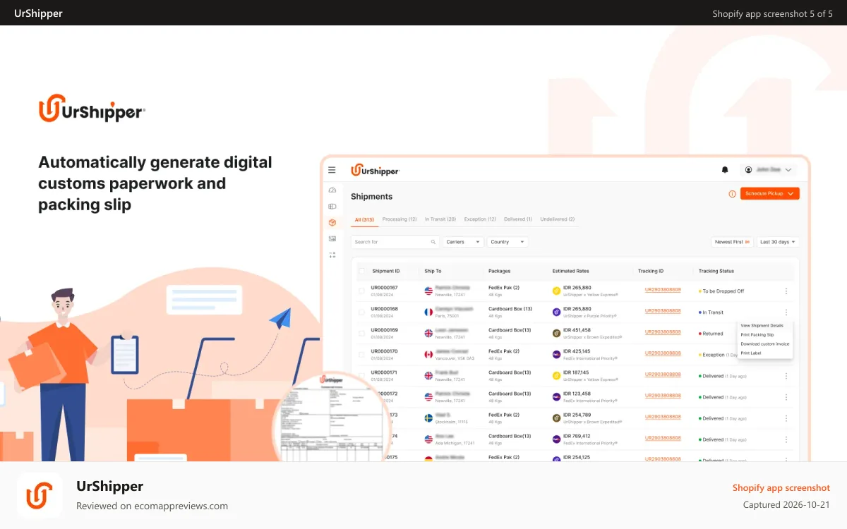 UrShipper Shopify app screenshot: Automatically generate digital customs paperwork & packing slip