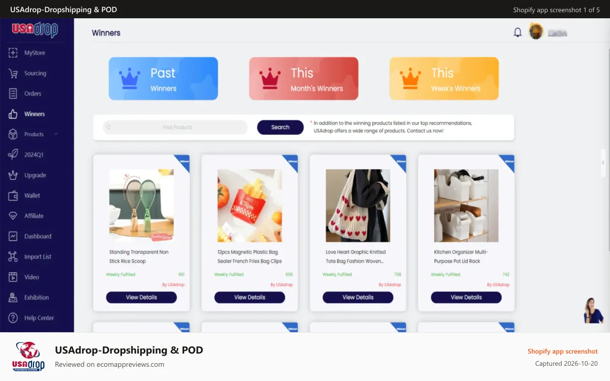 USAdrop‑Dropshipping & POD Shopify app screenshot: 1M+ Products. Fast Shipping.