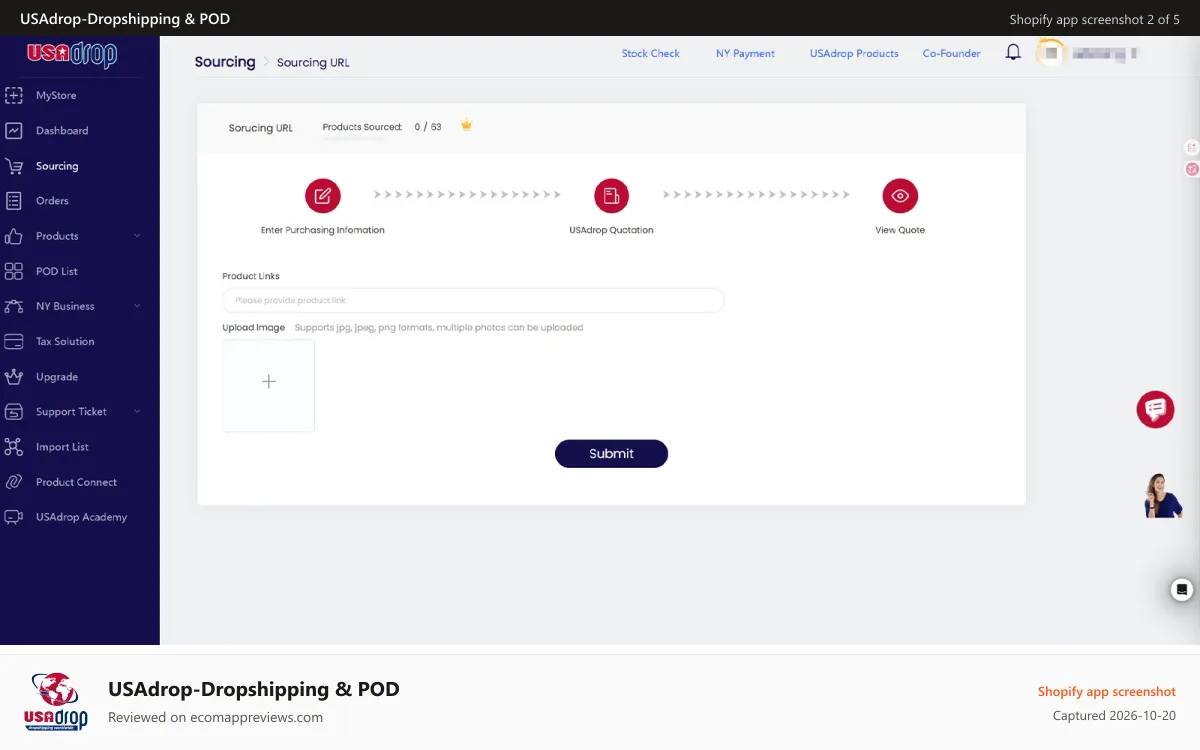 USAdrop‑Dropshipping & POD Shopify app screenshot: Source Any Product in 24 Hours.