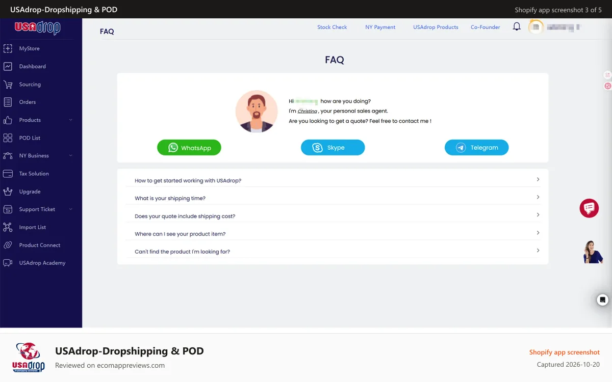 USAdrop‑Dropshipping & POD Shopify app screenshot: Your Dedicated Agent, Available 24/7.