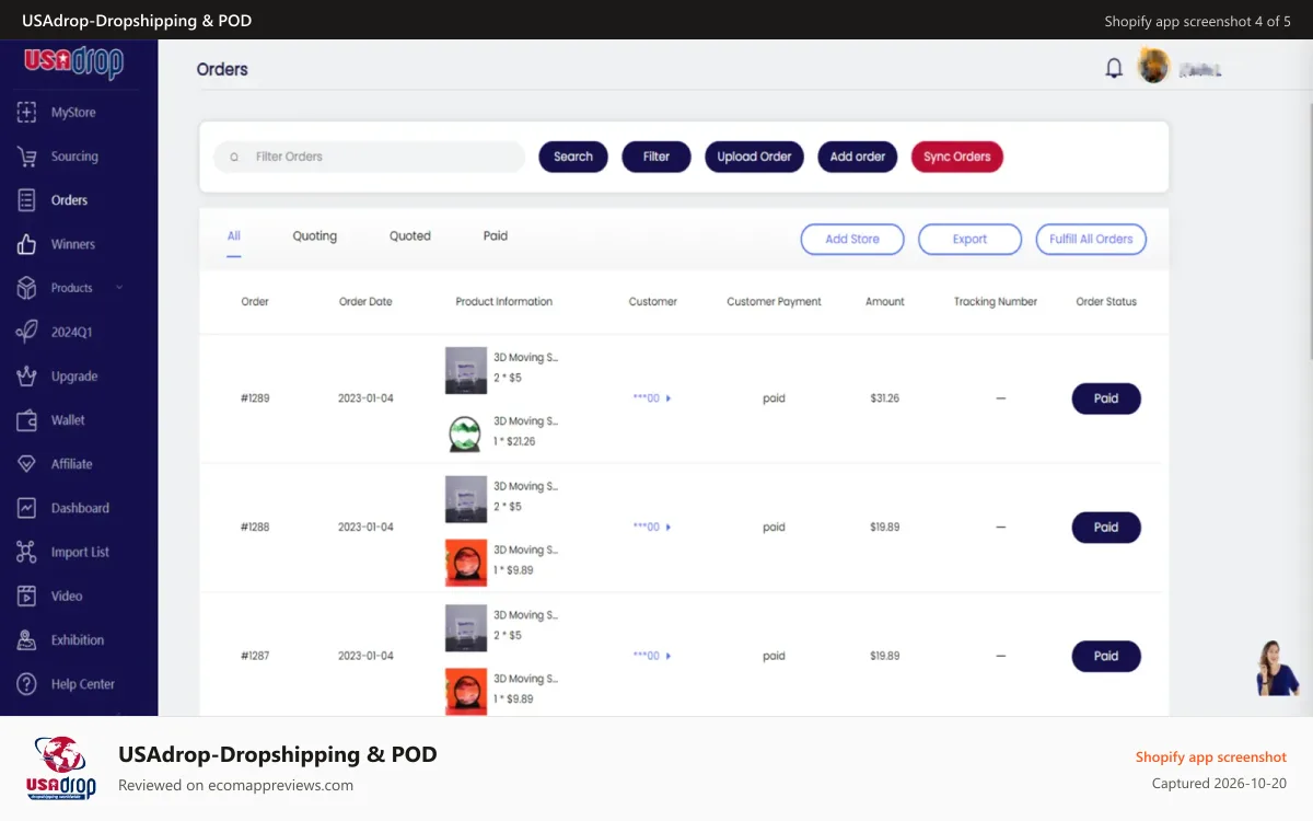USAdrop‑Dropshipping & POD Shopify app screenshot: Real-Time Tracking on Every Order.