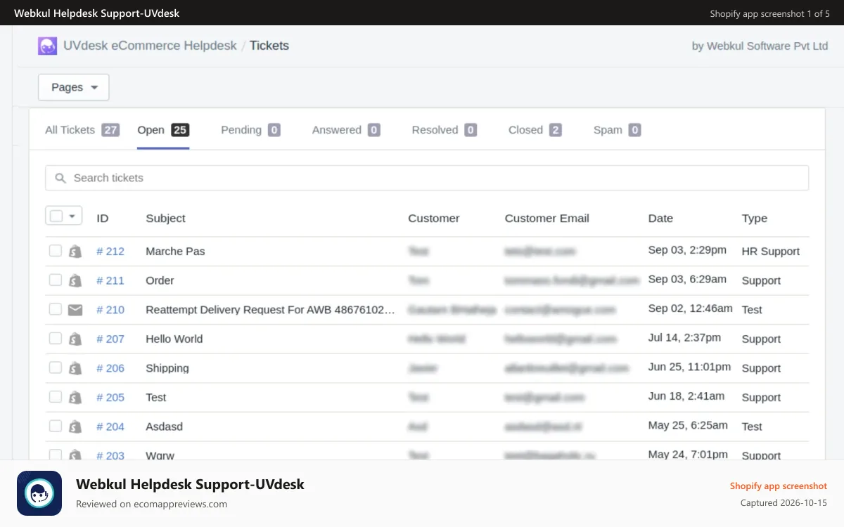 Webkul Helpdesk Support‑UVdesk Shopify app screenshot: Shopify Helpdesk Admin Ticket View