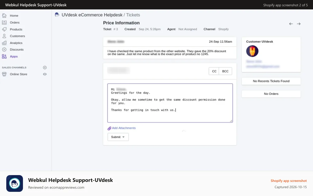 Webkul Helpdesk Support‑UVdesk Shopify app screenshot: Shopify Helpdesk Admin Inner Ticket View