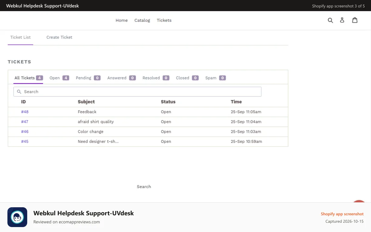 Webkul Helpdesk Support‑UVdesk Shopify app screenshot: Shopify Helpdesk Customer Ticket View