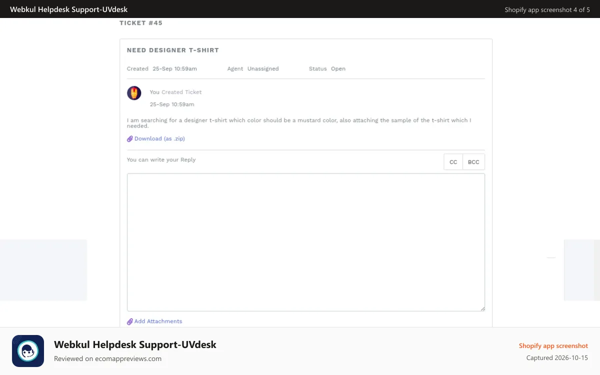 Webkul Helpdesk Support‑UVdesk Shopify app screenshot: Shopify Helpdesk Customer Inner Ticket View