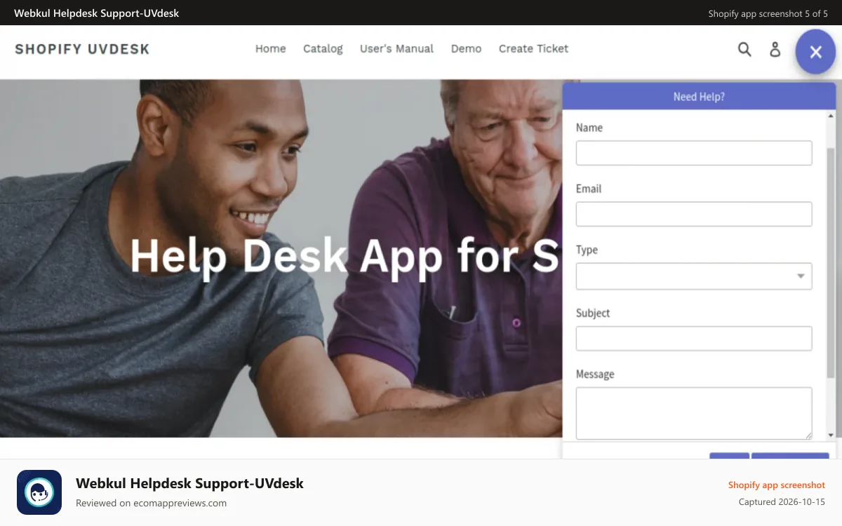 Webkul Helpdesk Support‑UVdesk Shopify app screenshot: Shopify Helpdesk Binaka and Form configuration
