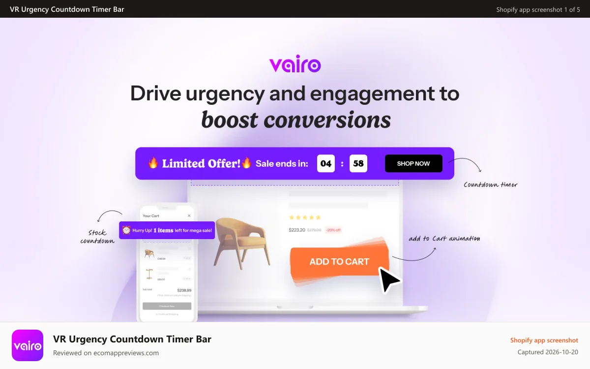 VR Urgency Countdown Timer Bar Shopify app screenshot: Drive urgency and engagement to boost conversions
