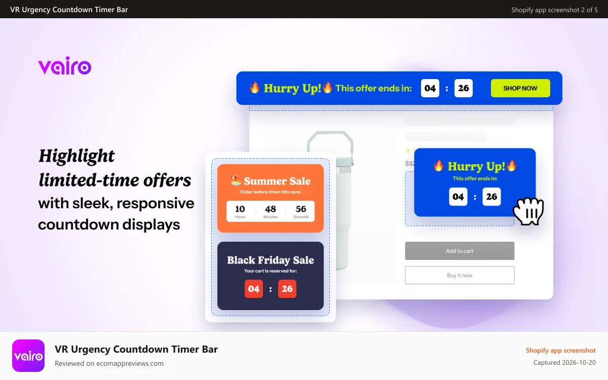 VR Urgency Countdown Timer Bar Shopify app screenshot: Highlight limited-time offers with sleek, responsive countdown
