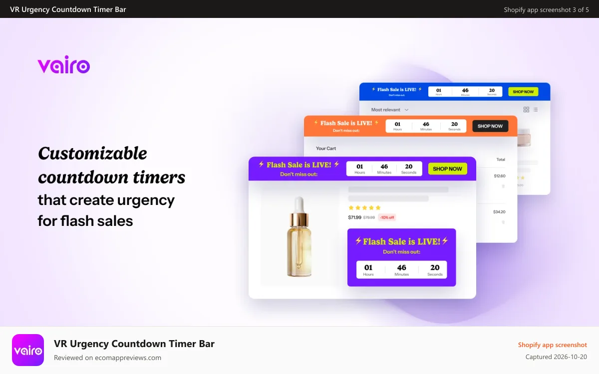 VR Urgency Countdown Timer Bar Shopify app screenshot: Customizable countdown timers that create urgency for flash sale