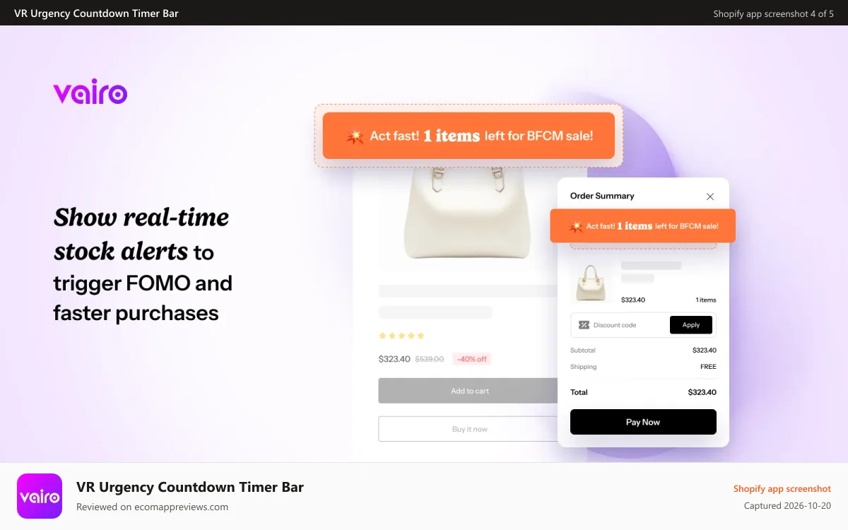 VR Urgency Countdown Timer Bar Shopify app screenshot: Show real-time stock alerts to trigger FOMO and faster purchases
